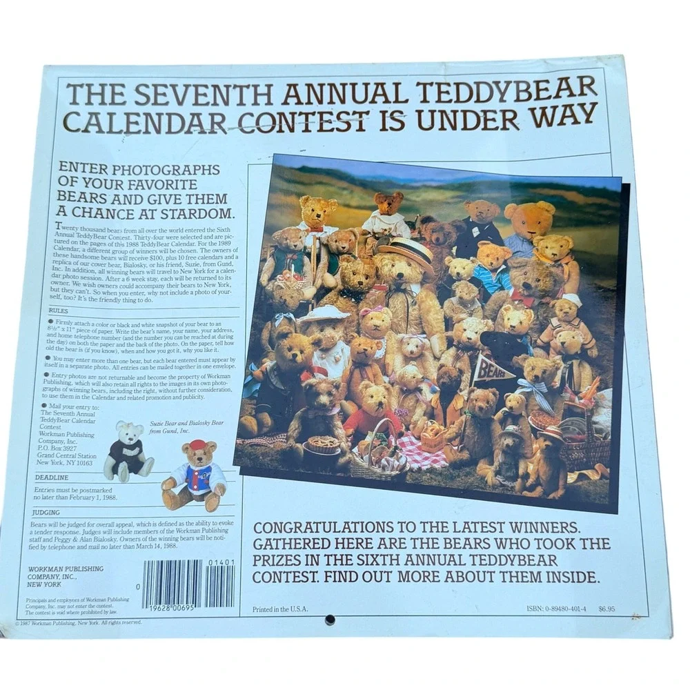 Workman The Teddy Bear Calendar 1988 Vintage Wall Decor Bialosky Contest Winners